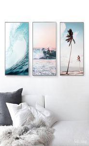Póster de Surf de paisaje nórdico, arte de pared, playa aérea, impresiones de olas de mar, pintura en lienzo de palmera, imagen de pared para sala de estar 5598471