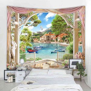 Nordique Paysage Mur Fenêtre De Montage Beau Tapis Chambre Tissu Hippie Tapisserie Décor À La Maison J220804