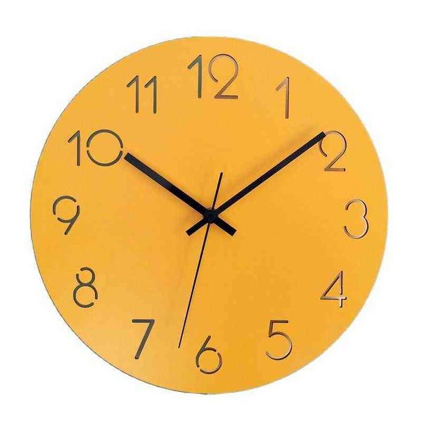 Nordique Grande Horloge Murale Montre Murale Bois Moderne Salon Chambre Silencieuse Horloges Jaunes Bureau Cuisine Pendule Murale Décor SC409 211112