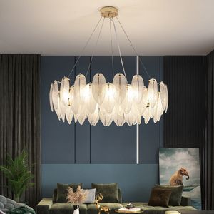 Lustres LED nordiques lampes pour salon salle à manger chambre cuisine lunettes lustres en plumes de luxe or Art décor lampe suspendue