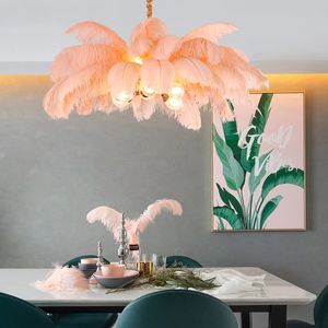 Nordic Light Luxe Kroonluchters Creatieve Kleding Ctore G9 Alle koperen LED Hanglamp Romantische Prinses Slaapkamer Struisvogelveren