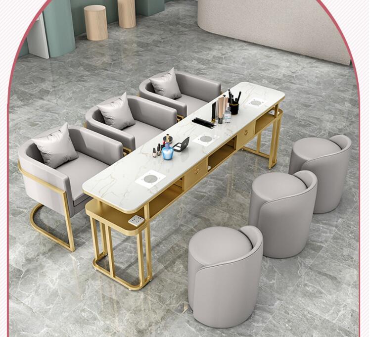 Nordic Light Luxury Marble Nail Table and Chair Set Internet Celebrity Inbyggt dammsugare med Socket Single Double Triple Nail Table