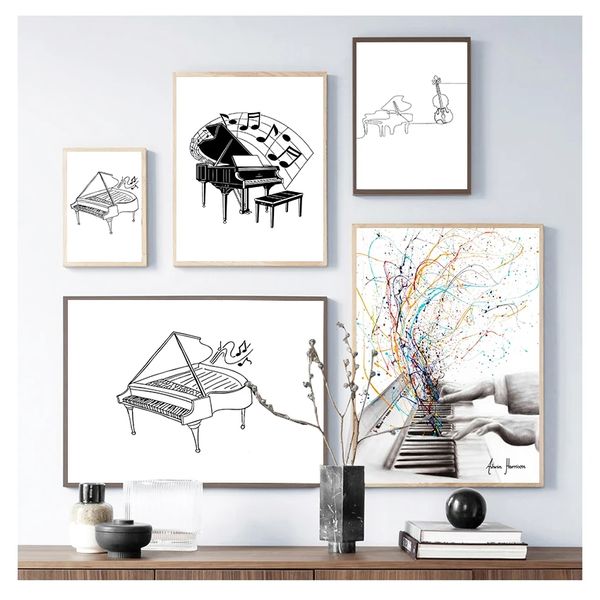 Ligne nordique dessiner impression abstraite minimaliste mur Art peinture image décorative décor à la maison noir blanc Piano toile affiche Woo