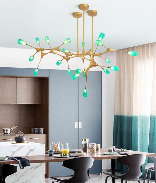 Nordique salon salle à manger verre vert molécule lustre lumières branche moderne fer art simple verre vert lampes suspendues