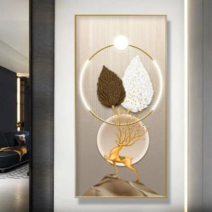 Nordic Luxury Abstract Mur Art Golden White Plumes Toile peinture Affiches de ruban doré pour le corridor de porche Décoration de la maison