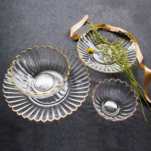 Décoration nordique minimaliste et créative pour la maison, avec embellissements dorés, bols à salade de fruits, bols en verre, assiettes, ensembles de vaisselle