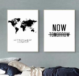 Nordique Minimaliste Noir Blanc Carte Du Monde Citation De Motivation Affiche Grande Giclée Mur Art Toile Peinture 2pcsset No frame8988078