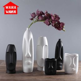 Nordic Minimalista Cerâmica Vaso Abstrato Preto e Branco Rosto Humano Criativo Sala Decorativa Figue Cabeça Forma Vaso 210623