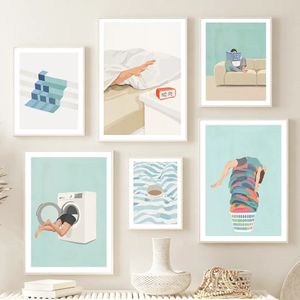 Nordic Minimalistische Meubels Canvas Schilderij Muur Kunst Koffiekopje Wasmachine Blauwe Serie Posters En Prints Muur Foto 'S Voor Slaapkamer Woonkamer Decor Wo6