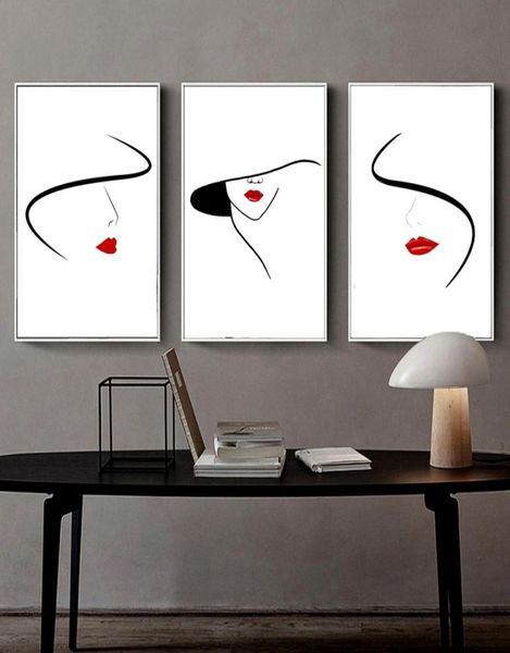 Dessin au trait minimaliste nordique femmes peinture abstraite toile mur Art noir blanc rouge décoration affiche murale 3 pièces ensemble sans cadre 4222288