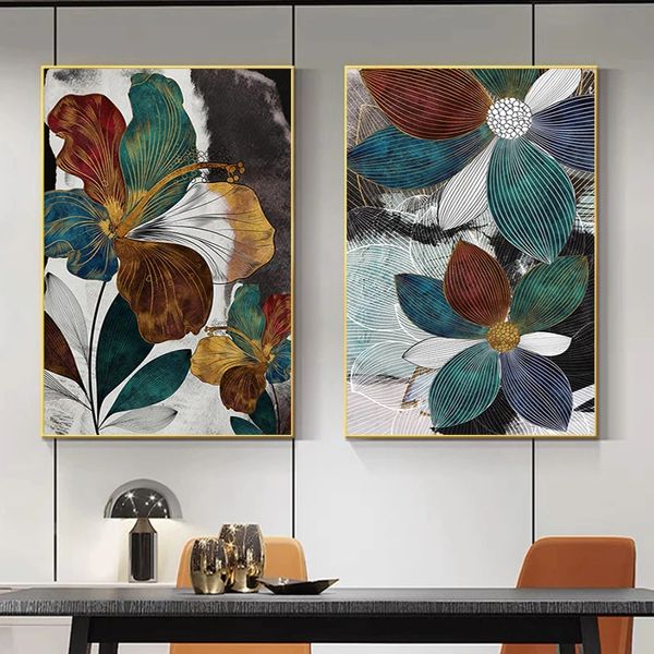 Nórdico moderno abstracto hoja flor cuadro sobre lienzo para pared carteles de plantas e impresiones cuadro decorativo de pared para sala de estar