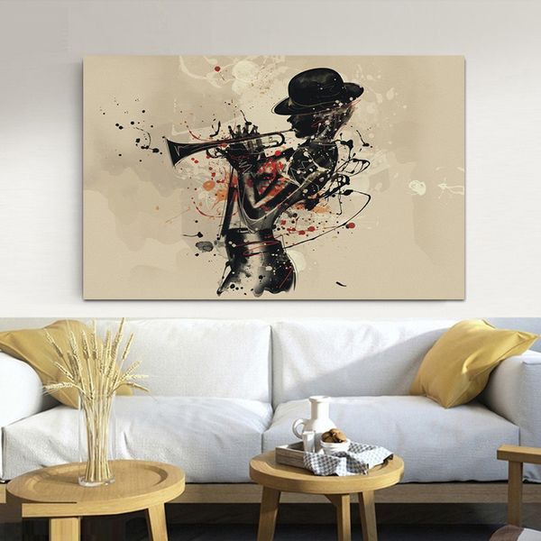 Pintura de mujer trompetista de artista moderno nórdico, póster abstracto, cuadro de lienzo para sala de estar y restaurante, decoración de pared del hogar
