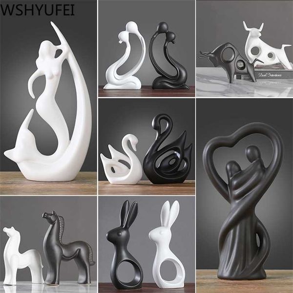 Nórdico moderno creativo blanco y negro artesanías de cerámica adornos escritorio de oficina de estudio pequeña decoración decoraciones para el hogar WSHYUFEI 211105