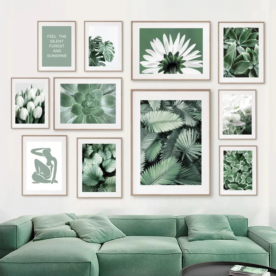 Cuadro nórdico moderno de planta verde, flor, hoja, lienzo, arte de pared, póster e impresión para decoración fresca del hogar, diseño para el salón L01