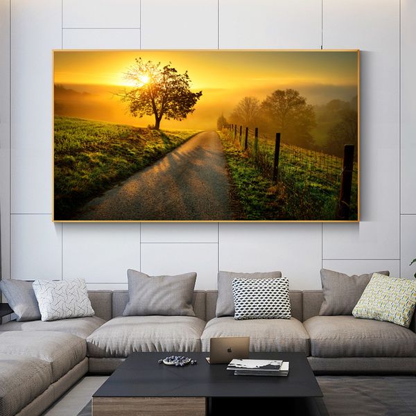 Pintura de paisaje natural nórdico, pintura en lienzo de árbol y atardecer, carteles e impresiones, imagen artística de pared para decoración del hogar y sala de estar