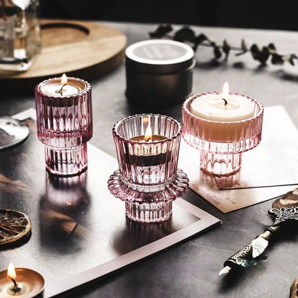 Nordic Pink Glass Candlestick Candleas de velas europeas Mesa de velas Románticas Candelas Fotófora Decoración para el hogar Candles Europeo para decoración del hogar