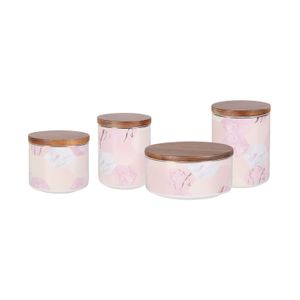 Boîte de cuisine en marbre rose nordique, couvercle en bois, pot de bougie parfumée en céramique, récipient hermétique de stockage des aliments pour thé, café, bonbons, noix