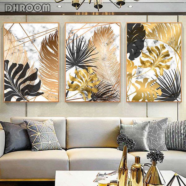 Plantas nórdicas Hoja de oro Pintura de lienzo Pósteres botánicos e impresión Imágenes de arte de pared abstractas para sala de estar Decoración moderna 210705
