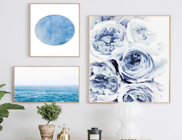 Póster nórdico, pintura en lienzo de océano azul, impresión de pared de flores, póster de paisaje, imagen moderna, arte abstracto de pared, pintura para decoración del hogar 5811850