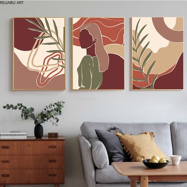Affiche nordique de Style minimaliste, Portrait de femme, plantes, formes abstraites, peinture sur toile, décorations murales, décor de maison moderne