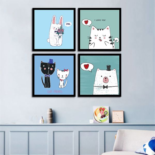 Pósteres nórdicos e impresiones cuadro sobre lienzo para pared dibujos animados gato lindo amigos imágenes para decoración para sala de estar sin marco