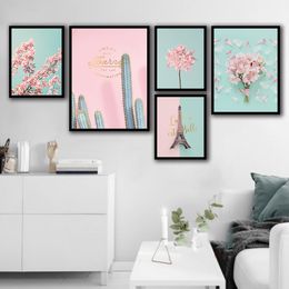 Pósteres e impresiones nórdicos, arte de pared, torre, flores rosas, pintura en lienzo, cuadros de pared para decoración para sala de estar