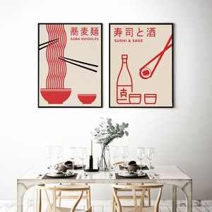 Noordse retro art print Japans eten canvas schilderen soba noedels sushi sake posters en prints muur foto keuken restaurantkamer decor wo6