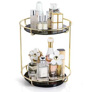Caja de almacenamiento de escritorio para cosméticos giratoria nórdica, organizador de maquillaje transparente, bandeja de cristal de 2 niveles, estante de acabado para tocador