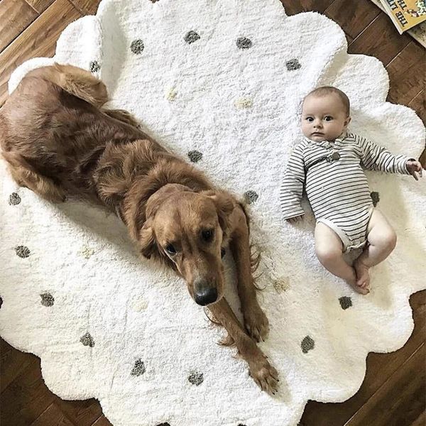 Tapis rond nordique en coton à pois, tapis de sol doux rose blanc, aire de jeu pour bébé, tapis de chambre à coucher pour enfants, décor de salon de maison Kawaii 240127