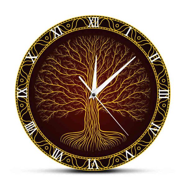 Symbole sacré nordique druidique Yggdrasil arbre imprimé horloge murale arbre de vie Viking mystique amulette mur Art décor muet montre murale G220422