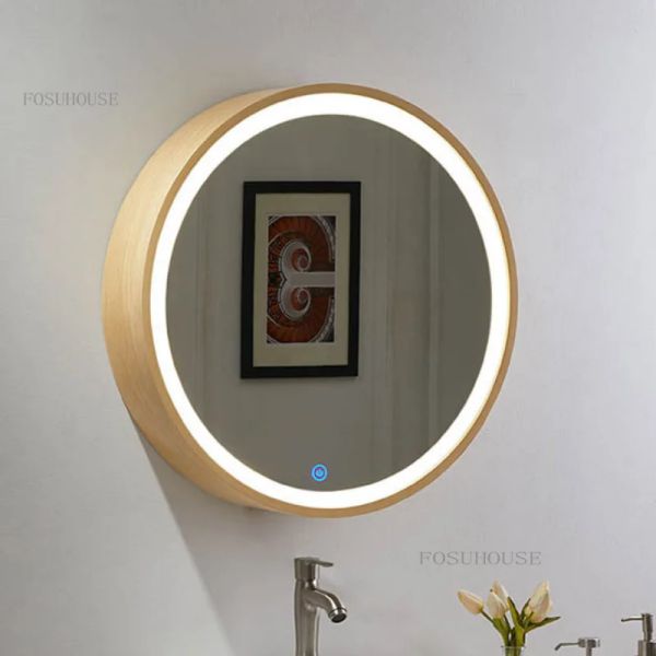 Nordic Solid Wood Meuble Meuble Miroir de salle de bain Armoires de petit appartement Mur de vanité rond Miroirs avec étagère de rangement B