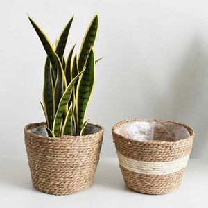 Nordic Straw Opbergmand Rotan Vloer Bloem Pot Ambachten Decoratie Tuin Home Woonkamer Slaapkamer Winkel Bloem Mand 210615