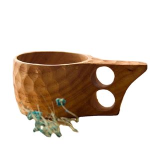 Noordse stijl 4 soorten rubberen Wood Tea Cups met handgrepen Kuksa houten koffiemokken met touw twee gaten handgemaakt draagbaar drinkwater