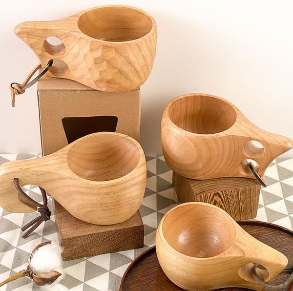 Style nordique 4 sortes de tasses à thé en bois de caoutchouc tasses avec poignée tasse à café en bois Kuksa avec corde deux trous bouteilles d'eau potable portables faites à la main SN4258