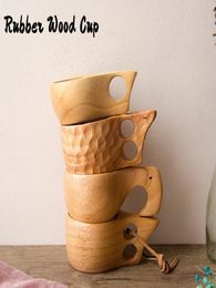 Noordse stijl 4 soorten rubberen Wood Tea Mokken met handgrepen Kuksa houten koffiekopjes met touw twee holes handgemaakte draagbaar drinken Wat6806156