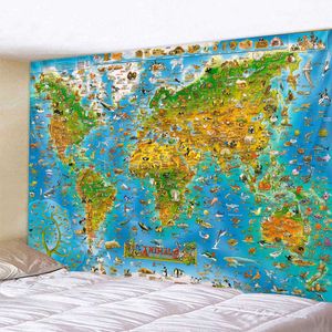 Nordic Style Animal World Map Tapestry Muur Opknoping Polyster Strand Handdoek Polyester Dunne Deken Yoga Sjaal Mat 210609