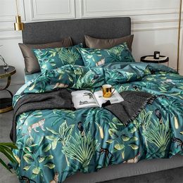 Juegos de cama de estilo nórdico Plantas tropicales Impresión de seda lavada Queen King Size Funda nórdica Ropa de cama Sábana bajera Fundas de almohada 201128