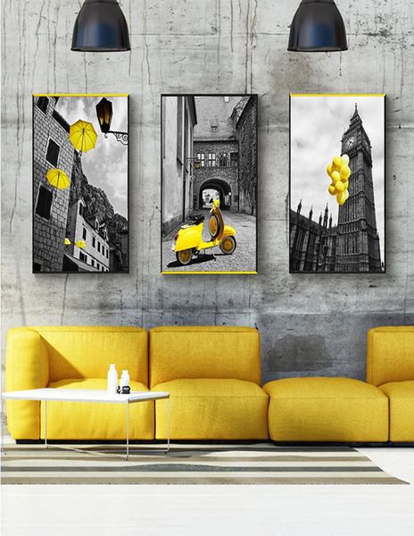 Style nordique noir blanc affiches et impressions jaune moto ballon parapluie toile Art peinture mur photo pour salon 7421332