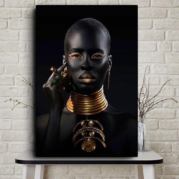 Style nordique toile peinture noir or Art africain femme affiches et impressions scandinave mur photo pour salon décor