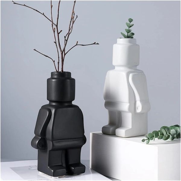 Vase Robot en céramique de Style nordique, Pot de fleur d'intérieur, décoration intérieure moderne, produits blancs, bureau, 240318