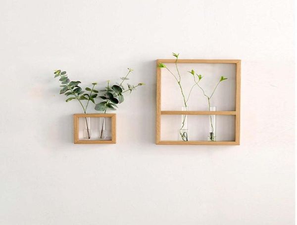 Artesanías de estilo nórdico Coste de pared sólida Rack de vidrio transparente Vasero de flores de madera Planta hidropónica para decoración del hogar6756414