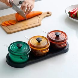 Nordic style enamel pot seasoning box Creative kitchen seasoning tank with spoon and cover 3 in 1 Salt sugar storage bottle