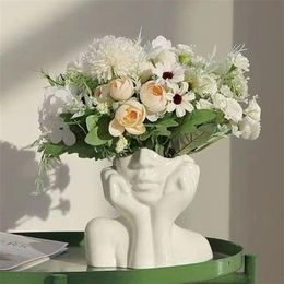 Style nordique Vase à fleurs femmes corps demi visage Pot de fleur Vase en céramique artisanat d'art chambre salon décoration de bureau 220809336n