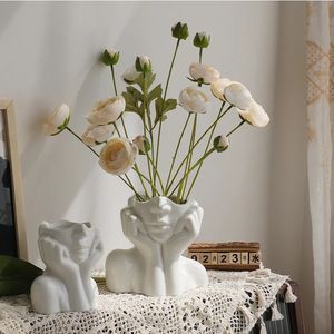 Nordic Style Flower Vase Women Corps Half Face Pot Ceramic Art Crafts Bedroom Living Room Desktop Decoration 240131