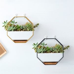 Nordic Style Metal Rack White Ceramic Vase Planter Pot Octagonal geometrische wandhangende keramische vazen ​​voor bloemen Bamboo Tray 210409