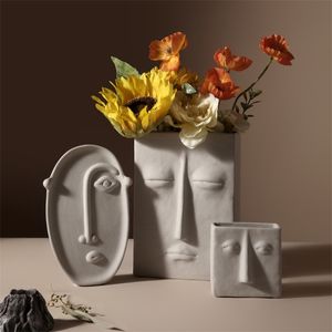 Nordic Style Modern Creative Ceramic Menselijk Gezicht Expression Bloem Planten Pot Vaas Planter Home Office Desktop Tafel Decor Gift 211130