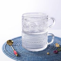 Taza de cristal con relieve de girasol nórdico, taza de café transparente, taza Vintage para desayuno, leche, postre, decoración de mesa