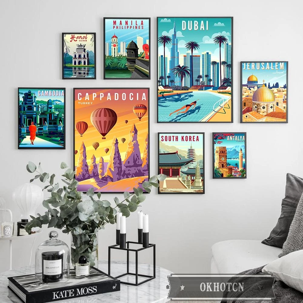 Nordic Vintage Travel Cities Paintings Poster Africa Morocco Tanzania Namibia Arabic Landscape Israel Wall Art Decorative Canvas Painting Woo