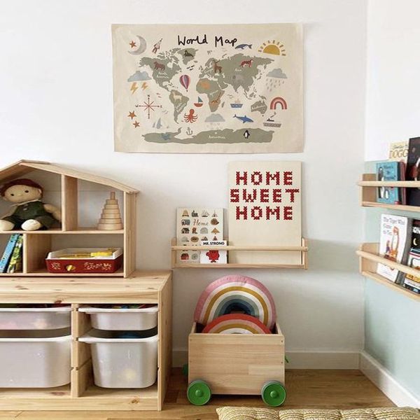 Decoración de pared nórdica Room para niños Mapa Mapa Fotografía de tela Fotografía de tela Escena de fondo de la escena del hogar Tapestería de la mesa de la mesa de la mesa