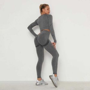 Normov casual vrouwen sets fitness o hals lange mouw tops push up streep leggings 2 stuk sets polyester naadloze vrouwelijke sets y0625